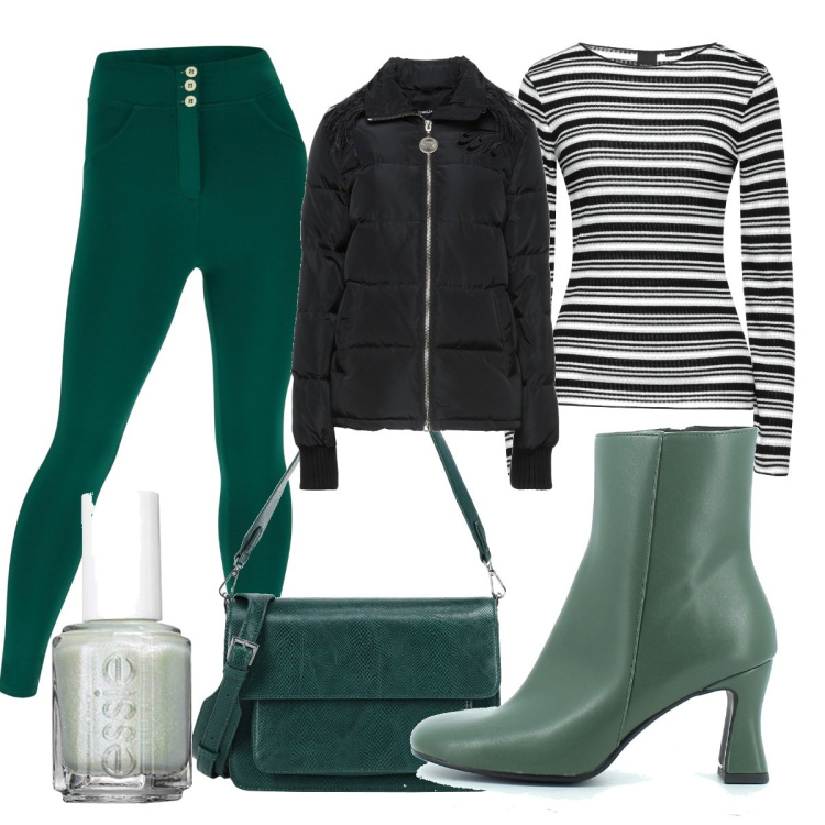 Outfit donna - Trendy #2177. Stile Trendy per Tutti i giorni. Abbinamento con piumini, borse a mano, pullovers, pantaloni skinny, stivaletti, smalti.