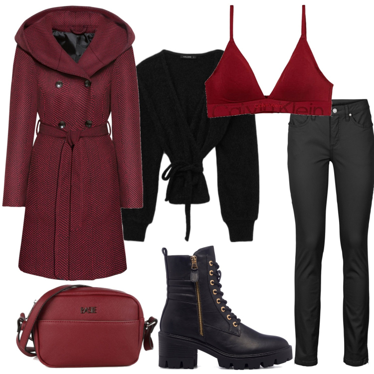 Outfit donna - Intimo Klein. Stile Urban per Tutti i giorni. Abbinamento con cappotti, jeans, borse a mano, cardigans, anfibi, reggiseni.