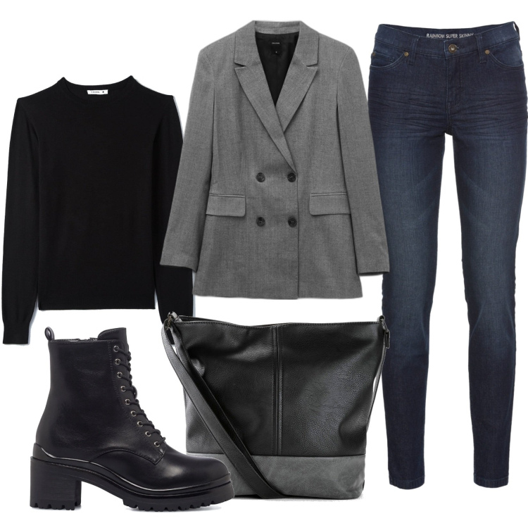 Outfit donna - Mannish con la giacca. Stile Casual chic per Ufficio. Abbinamento con jeans skinny, shopping bag, maglieria, giacche, anfibi.