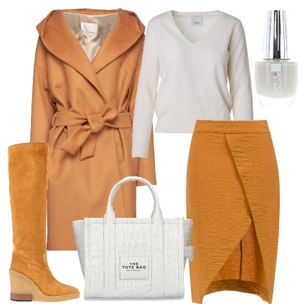 Outfit donna - Latte e caramello. Stile Casual chic per Tutti i giorni. Abbinamento con stivali, cappotti, gonne, smalti, maglieria, shopping bag.