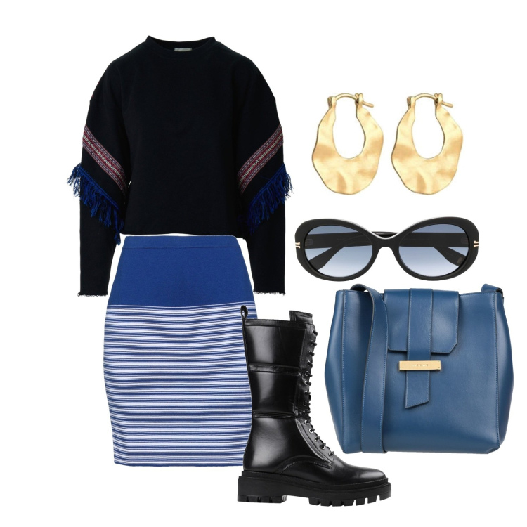 Outfit donna - Ghost outfitter - contro-riga. Stile Trendy per Tutti i giorni. Abbinamento con stivali, borse a tracolla, gonne longuette, occhiali da sole, orecchini, felpe.