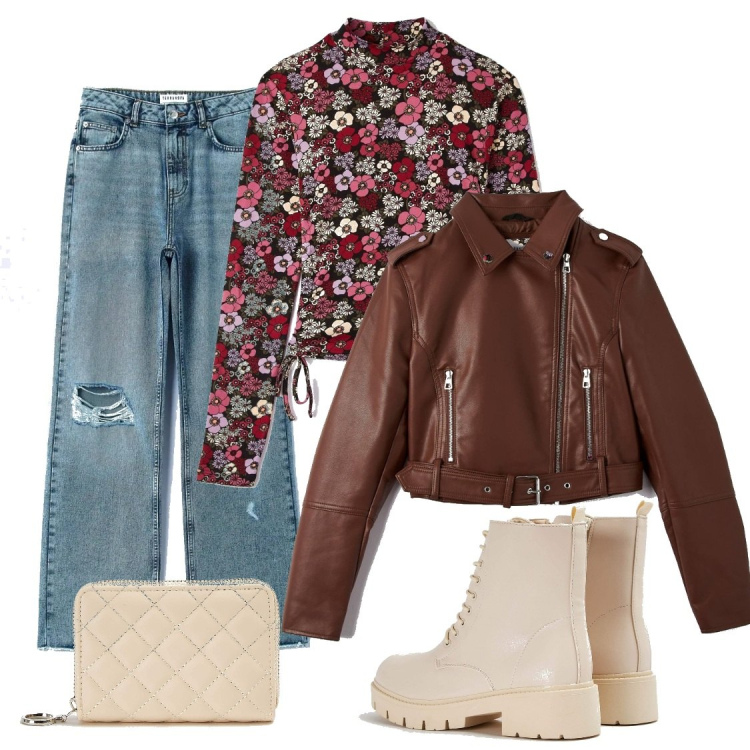 Outfit donna - Total look #1521463. Stile Casual per Tutti i giorni. Abbinamento con t-shirt, jeans dritti, cappotti, anfibi, portafogli.