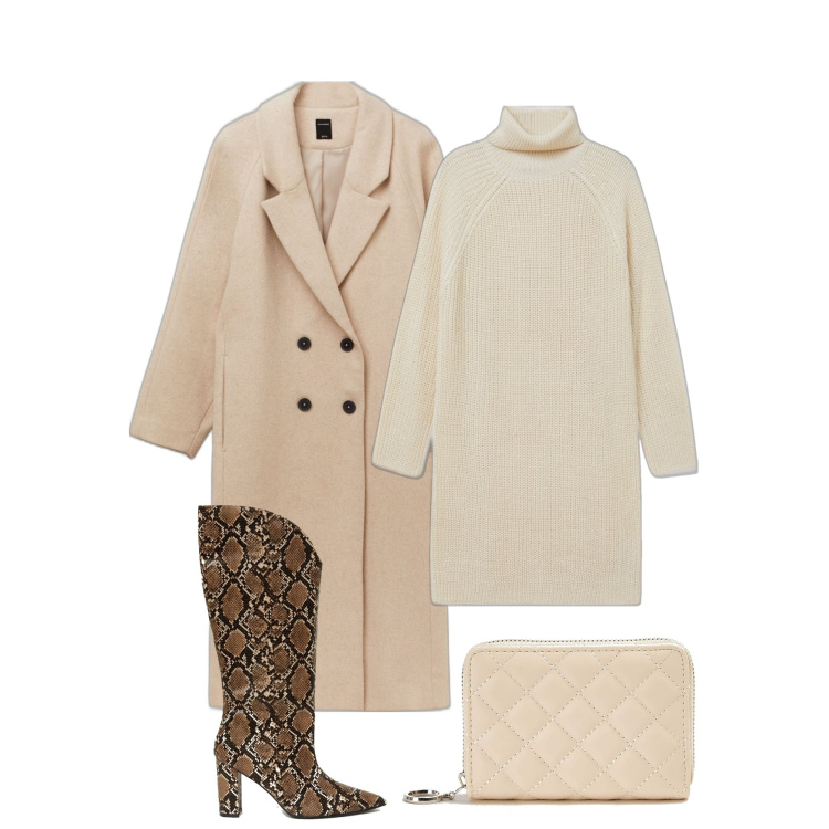 Outfit donna - L\'abito in maglia. Stile Trendy per Tutti i giorni. Abbinamento con portafogli, vestiti, cappotti, stivali.