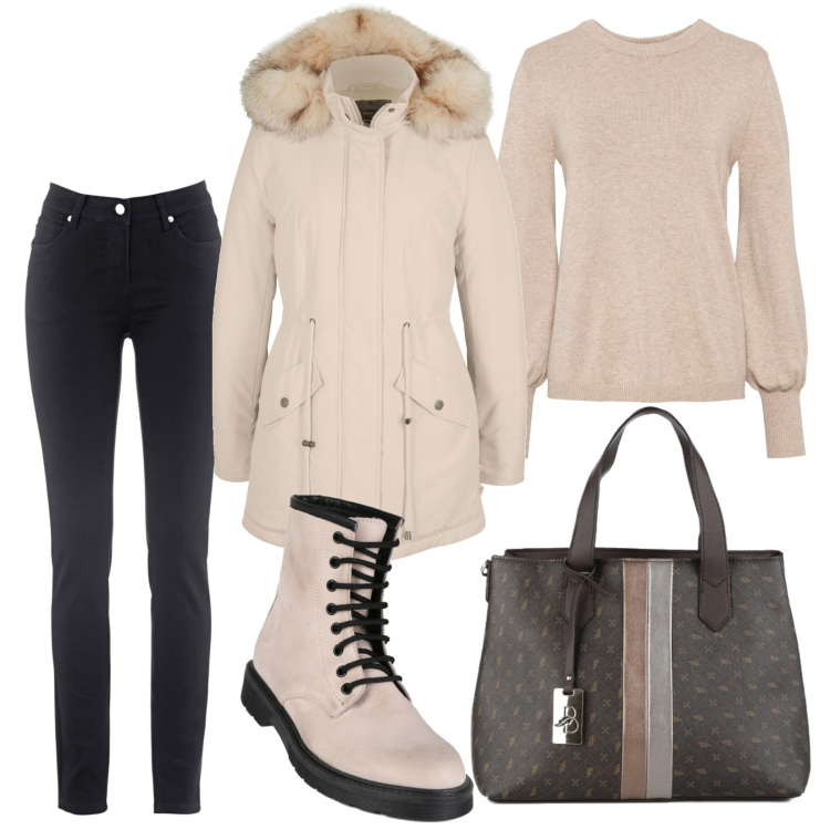 Outfit donna - Sempre di corsa sempre in ordine. Stile Casual per Tutti i giorni. Abbinamento con maglieria, jeans dritti, parka, borse a mano, anfibi.