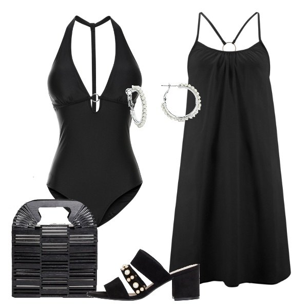 Outfit donna - Total black seducente. Stile Chic per Mare. Abbinamento con costumi interi, copricostume con spalline sottili, sandali mini effetto scamosciato con tacco e fasce con punta tonda elasticizzato bianco e nero, orecchini in ottone bianco, pochette con tacco squadrato e punta quadrata in denim.