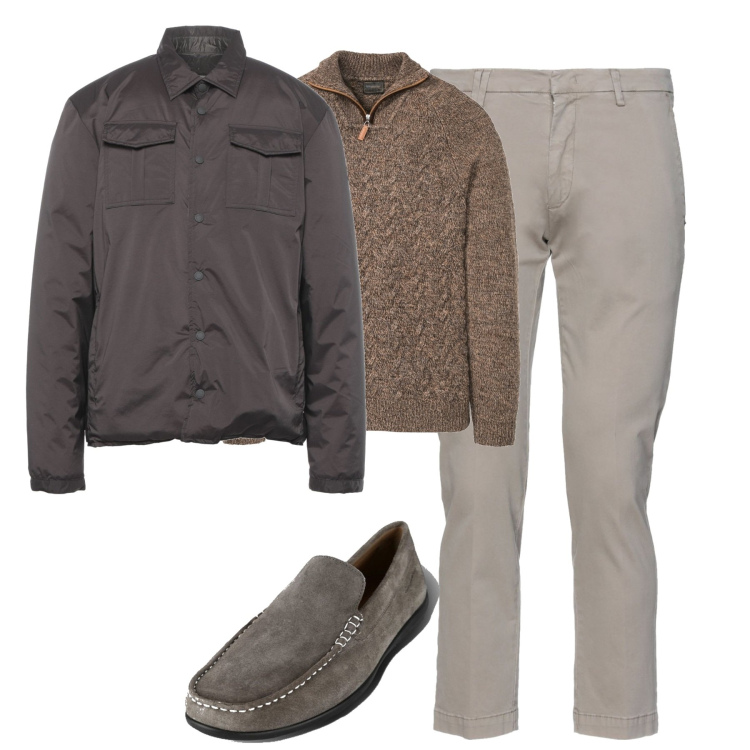 Outfit uomo - In città. Stile Casual per Tutti i giorni. Abbinamento con maglieria, piumini, pantaloni, scarpe stringate.