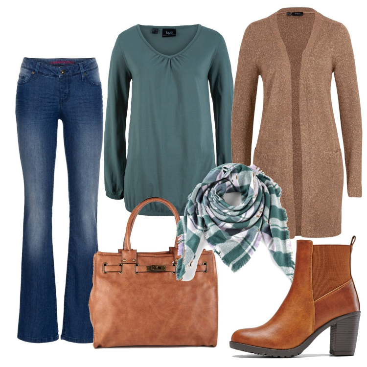 Outfit donna - In ufficio sportiva. Stile Casual per Ufficio. Abbinamento con maglieria, jeans bootcut, stivaletti, cardigans, foulard, borse a mano.