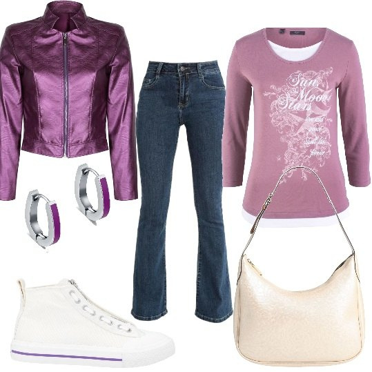Outfit donna - Mi vesto libera comoda. Stile Casual chic per Tutti i giorni. Abbinamento con maglieria, borse a spalla, sneakers, jeans a zampa, giacche, orecchini.