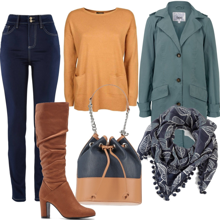 Outfit donna - Giochi di colore. Stile Casual per Tutti i giorni. Abbinamento con jeans slim fit, cappotti, stivali, foulard, borse a mano, pullovers.