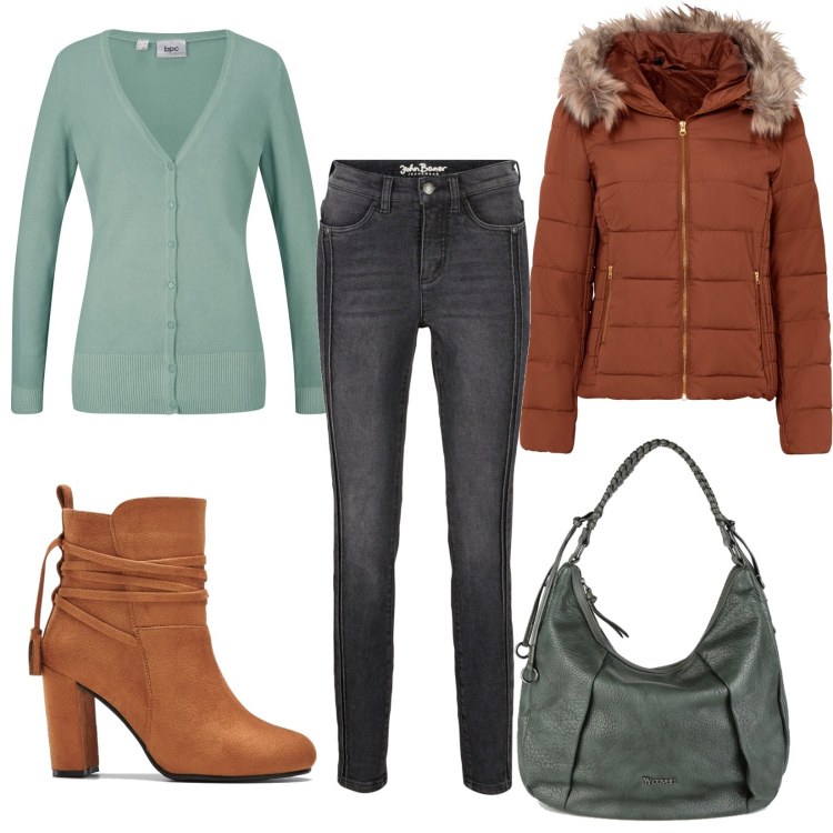Outfit donna - Semplice ed attraente. Stile Casual per Tutti i giorni. Abbinamento con giacche, jeans skinny, cardigans, stivaletti, borse a spalla.