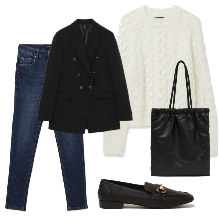 Outfit donna - Semplicità. Stile Casual per Ufficio. Abbinamento con maglieria, jeans skinny, giacche, mocassini, shopping bag.