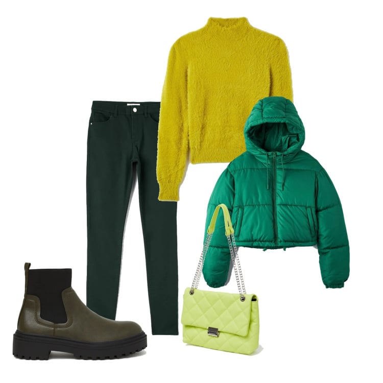 Outfit donna - Verdi di Terranova. Stile Casual per Tutti i giorni. Abbinamento con maglieria, pantaloni skinny, piumini, stivali, borse a spalla.