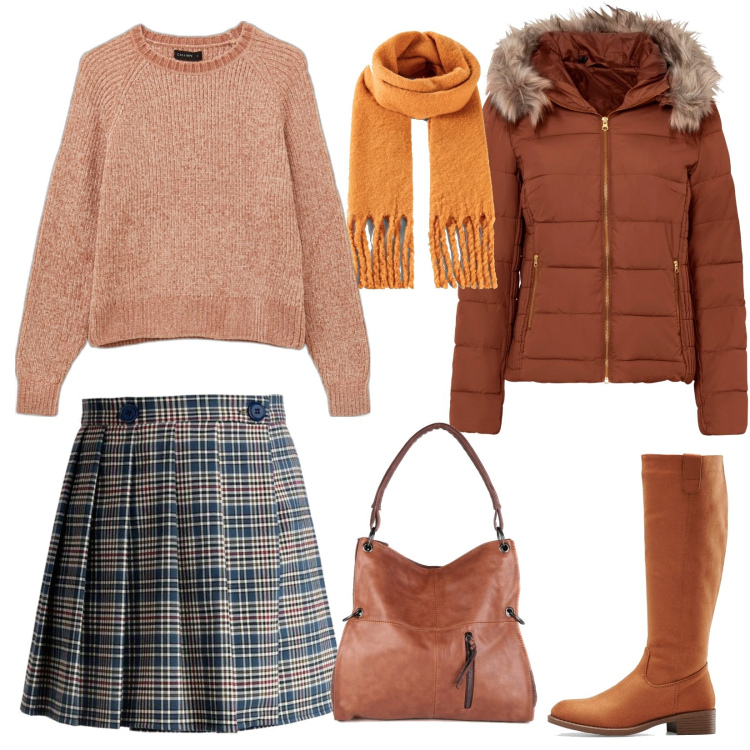 Outfit donna - Basic in minigonna. Stile Basic per Tutti i giorni. Abbinamento con giacche, stivali, sciarpe, minigonne, borse a spalla, maglieria.