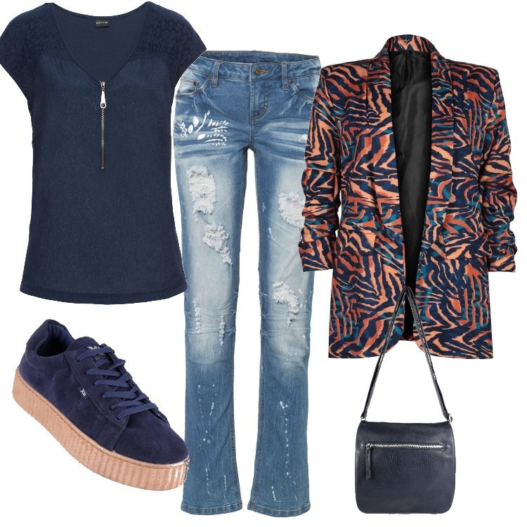 Outfit donna - Stile Urban. Stile Urban per Tutti i giorni. Abbinamento con jeans strappati, t-shirt, blazer, sneakers, borse a tracolla.