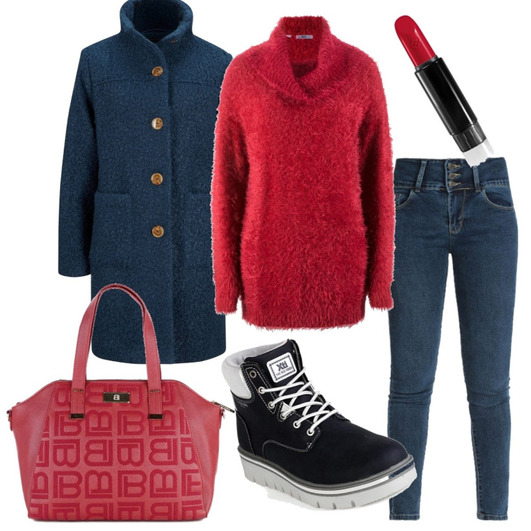 Outfit donna - La borsa che mi piace. Stile Casual per Tutti i giorni. Abbinamento con cappotti, maglieria, stivaletti, jeans slim fit, borse a mano, rossetti.