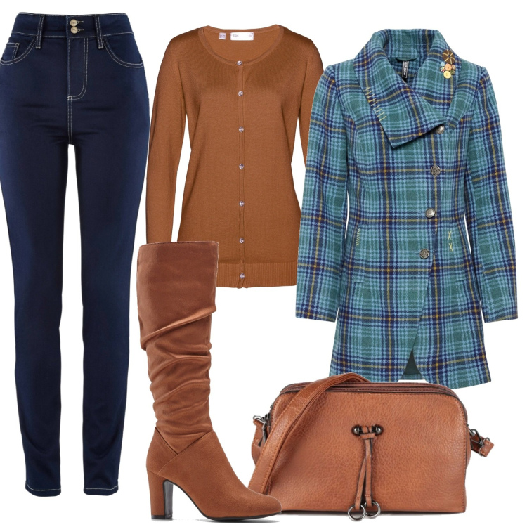 Outfit donna - Cappotto scozzese azzurro. Stile Casual chic per Tutti i giorni. Abbinamento con jeans slim fit, cappotti, cardigans, stivali, borse a mano.