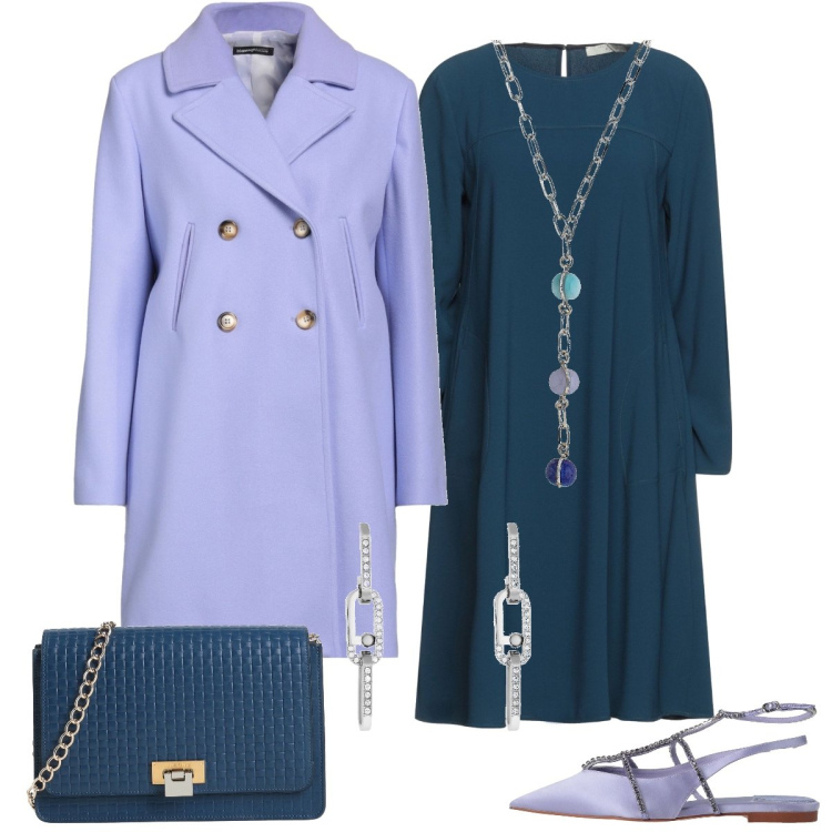 Outfit donna - Serata fuori. Stile Chic per Serata fuori. Abbinamento con ballerine, vestiti corti, cappotti, borse a tracolla, collane, orecchini.