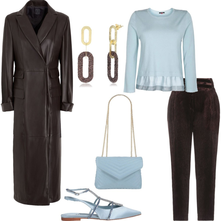 Outfit donna - Celeste. Stile Casual chic per Tutti i giorni. Abbinamento con ballerine, pantaloni, trench, borse a spalla, pullovers, orecchini.