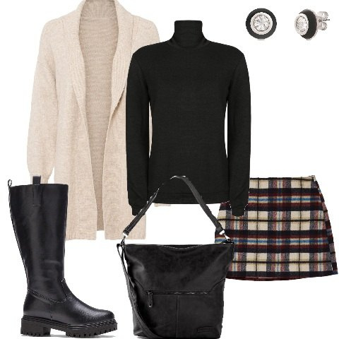 Outfit donna - Minigonna e cardigan libero. Stile Trendy per Tutti i giorni. Abbinamento con borse a tracolla, cardigans, stivali, maglieria, orecchini, minigonne.
