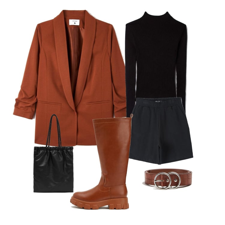 Outfit donna - Short & Blazer. Stile Casual per Tutti i giorni. Abbinamento con bermuda, giacche, maglieria, cinture, stivali sopra il ginocchio, shopping bag.
