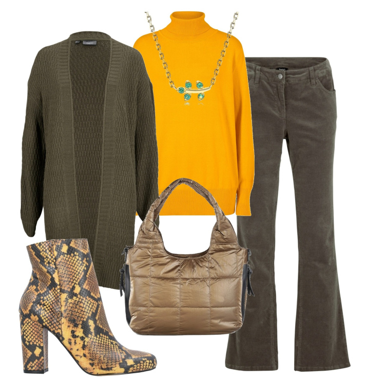 Outfit donna - Già senza cappotto. Stile Casual chic per Ufficio. Abbinamento con pantaloni, cardigans, maglieria, stivaletti, borse a spalla, collane.