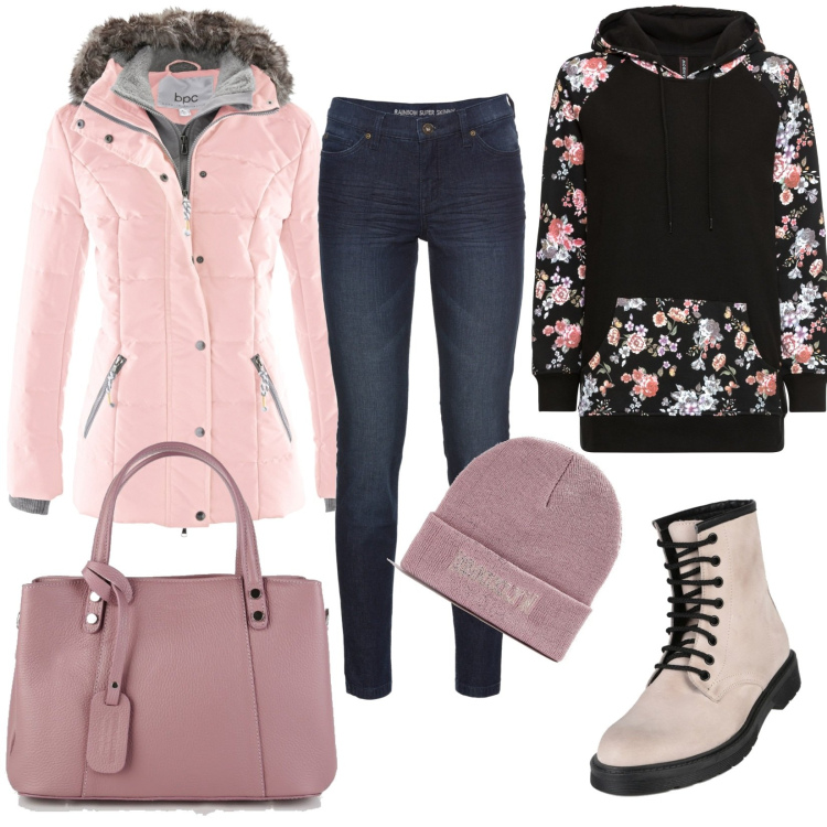 Outfit donna - Deiziosa infreddolita. Stile Sporty chic per Tutti i giorni. Abbinamento con piumini, jeans skinny, felpe con cappuccio, cappelli con visiera, anfibi, borse a mano.