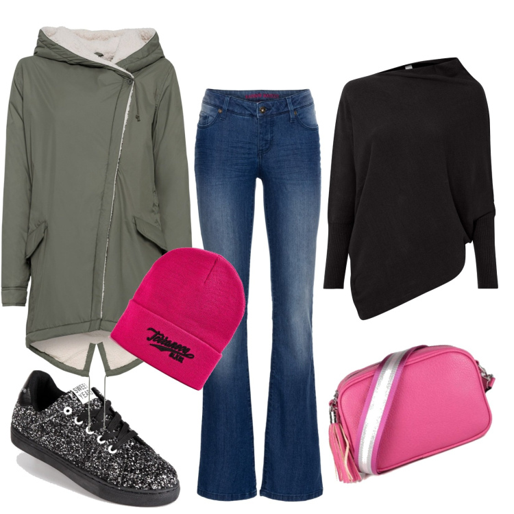 Outfit donna - Lezione all\'Università. Stile Urban per Scuola/Università. Abbinamento con jeans bootcut, cappotti, maglieria, berretti, sneakers, borse a mano.