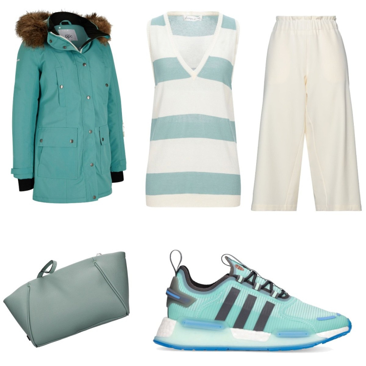 Outfit donna - Verde acqua. Stile Casual per Tutti i giorni. Abbinamento con blazer, pullovers, pantaloni capri, clutch, sneakers.