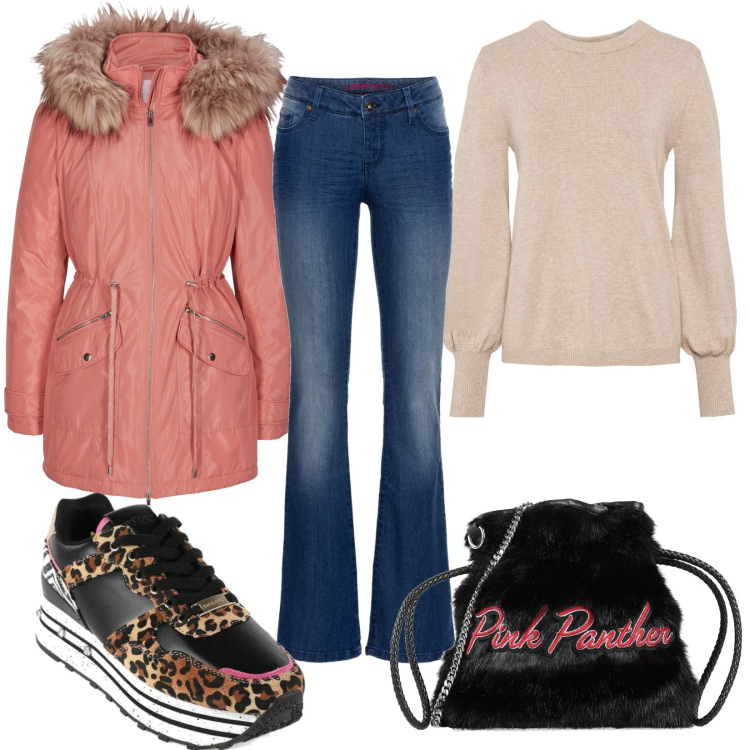 Outfit donna - Freddo non ti temo. Stile Casual per Tutti i giorni. Abbinamento con jeans bootcut, maglieria, parka, borse a mano, sneakers.