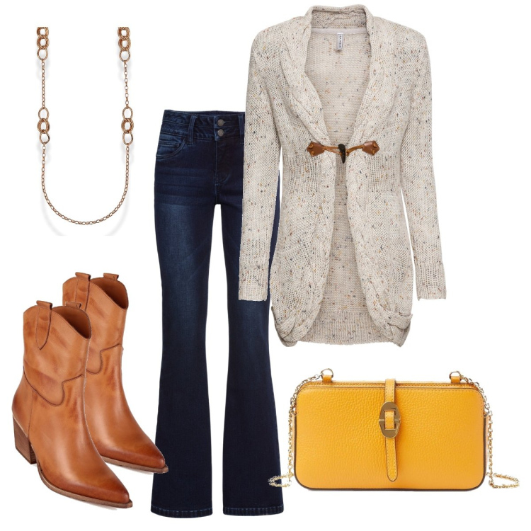 Outfit donna - Il cardigan puntinato. Stile Casual chic per Ufficio. Abbinamento con jeans bootcut, cardigans, stivaletti, collane, borse a tracolla.