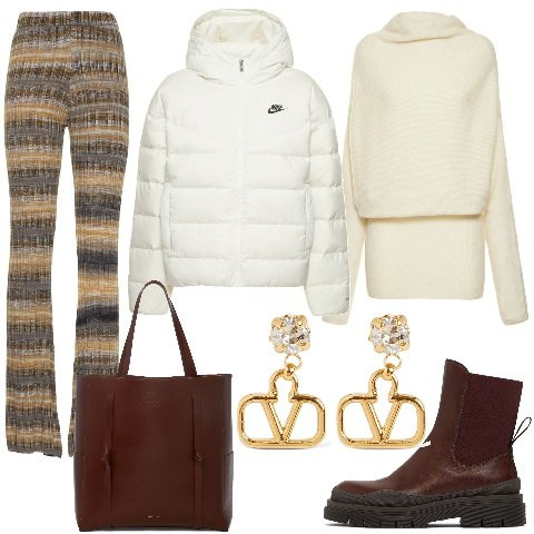 Outfit donna - LUISAVIAROMA SPECIALE Saldi Invernali. Stile Glamour per Tutti i giorni. Abbinamento con vestiti midi/longuette, leggings, orecchini, piumini, stivaletti chelsea, shopping bag.