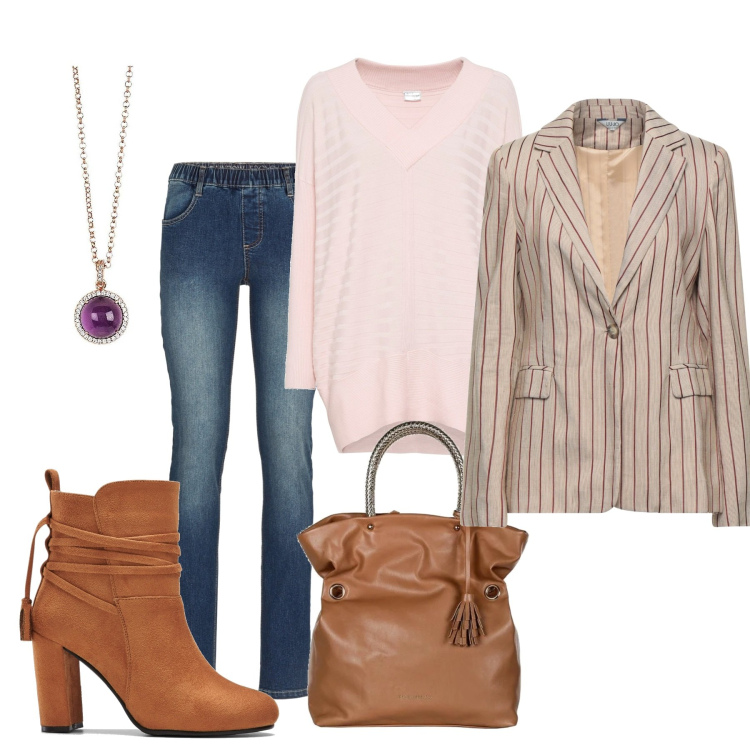Outfit donna - At work. Stile Casual chic per Tutti i giorni. Abbinamento con blazer, jeggings, maglieria, stivaletti, borse a spalla, collane.