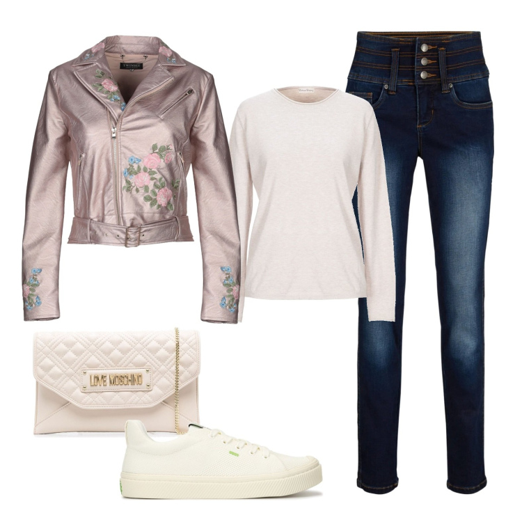 Outfit donna - Giubbino ricamato. Stile Casual per Tutti i giorni. Abbinamento con pullovers, giacche, jeans, clutch, sneakers.