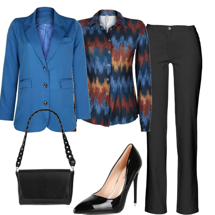 Outfit donna - In città. Stile Trendy per Tutti i giorni. Abbinamento con pantaloni, borse a mano, blazer, camicie, décolleté.