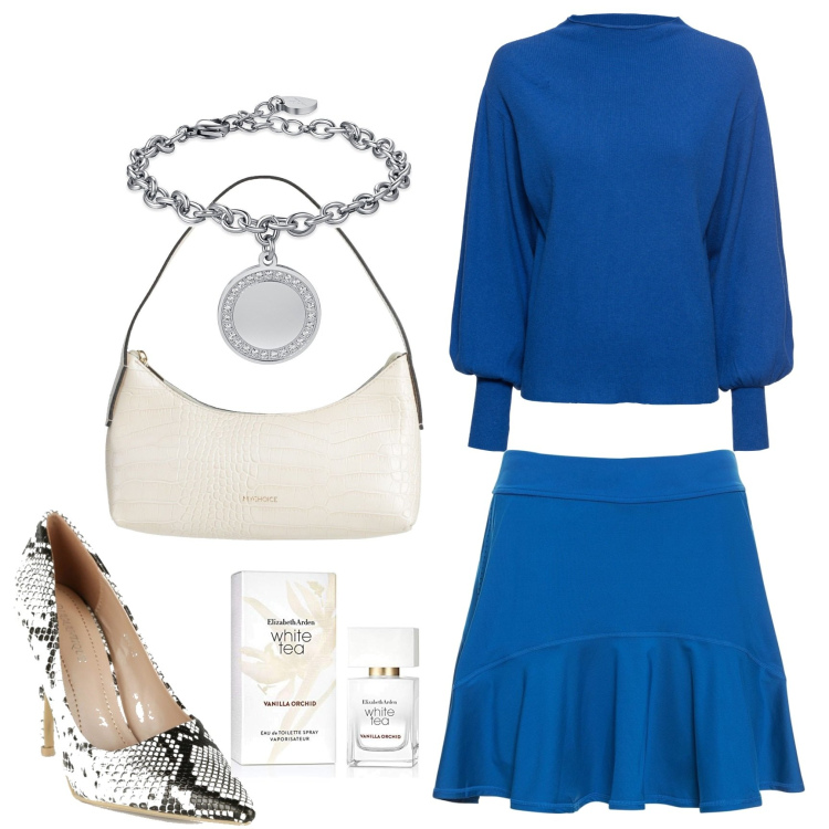 Outfit donna - Bluette. Stile Chic per Tutti i giorni. Abbinamento con maglieria, borse a mano, décolleté, braccialetti, gonne, profumi.