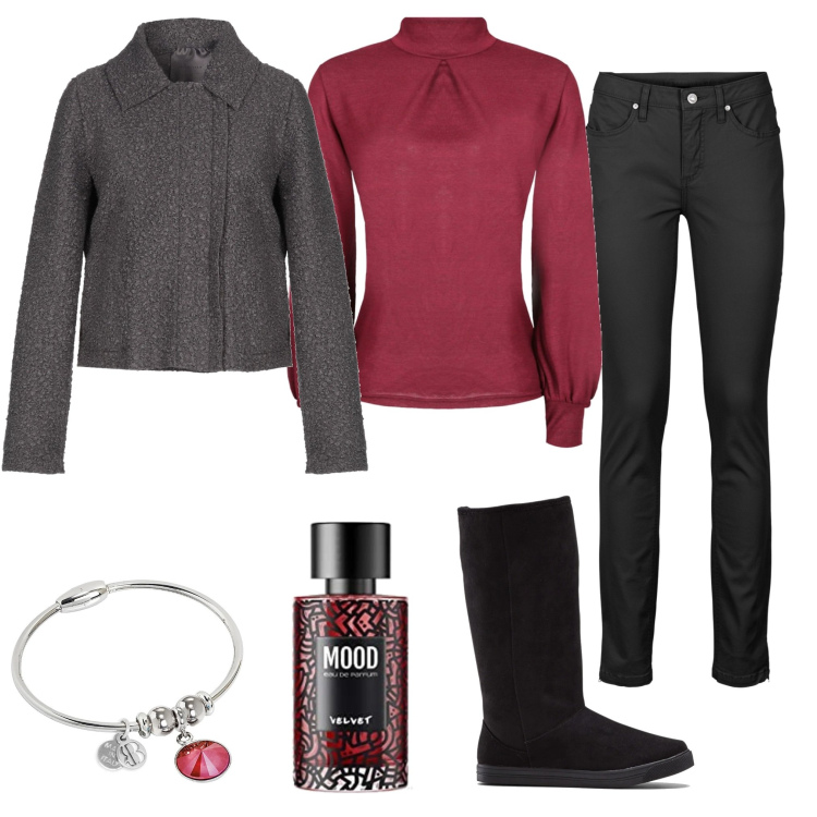 Outfit donna - Pomeriggio con le amiche. Stile Casual chic per Tutti i giorni. Abbinamento con jeans, stivali, cappotti, maglieria, braccialetti, profumi.