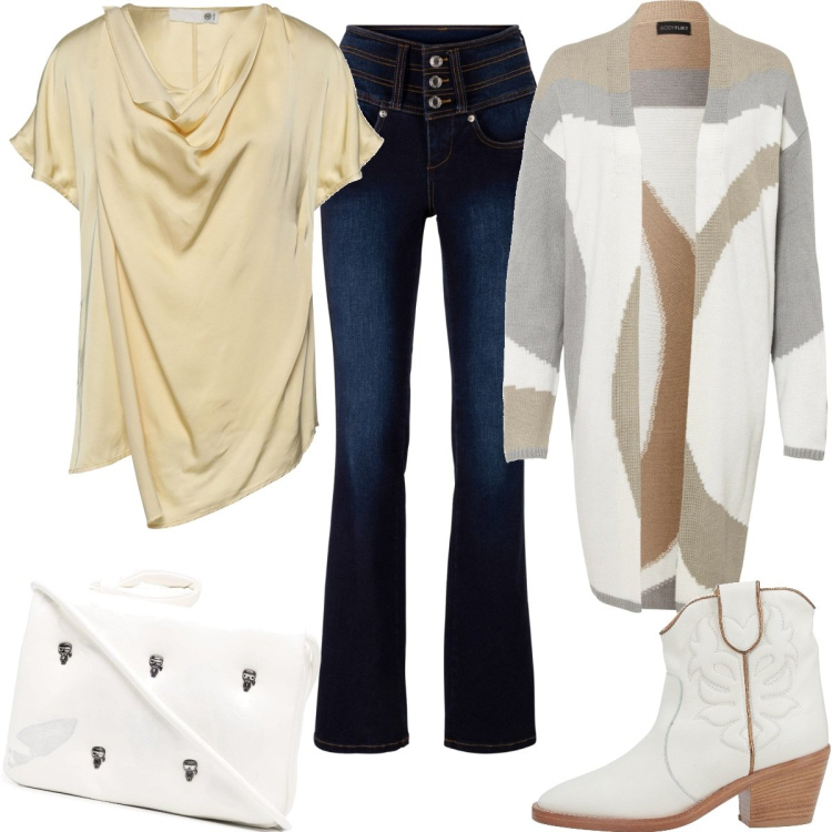 Outfit donna - Comoda. Stile Casual chic per Tutti i giorni. Abbinamento con jeans bootcut, cardigans, stivaletti, bluse, borse a tracolla.