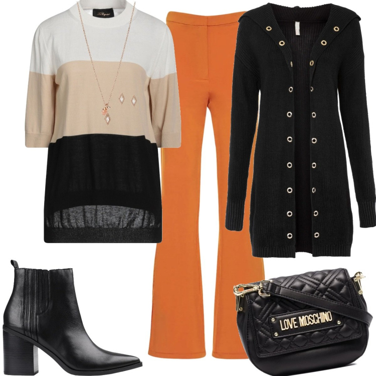Outfit donna - Outfit super colore. Stile Trendy per Tutti i giorni. Abbinamento con cardigans, stivaletti, pullovers, collane, borse a tracolla, pantaloni.