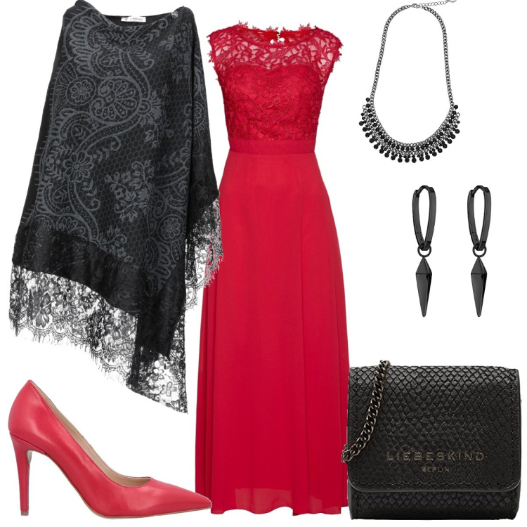 Outfit donna - Il rosso e il nero. Stile Chic per Serata fuori. Abbinamento con vestiti lunghi, cappe, décolleté, collane, orecchini, collane.