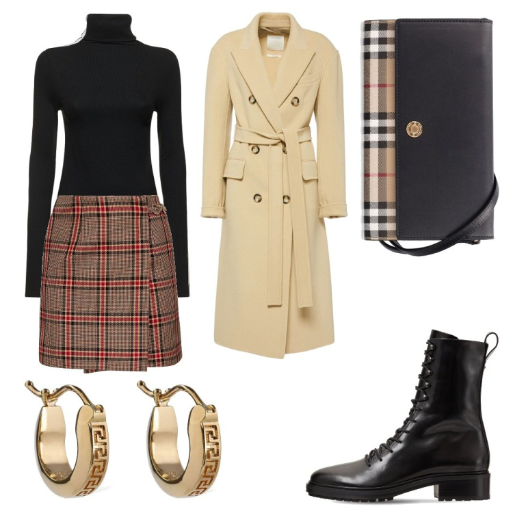 Outfit donna - Classica con tocco tartan. Stile Bon Ton per Ufficio. Abbinamento con minigonne, stivaletti, borse a spalla, cappotti, orecchini, maglieria.