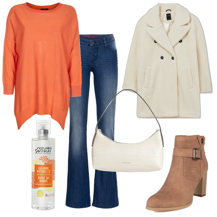 Outfit donna - Acqua di colonia. Stile Casual chic per Tutti i giorni. Abbinamento con jeans bootcut, borse a mano, stivaletti, pullovers, cappotti, profumi.