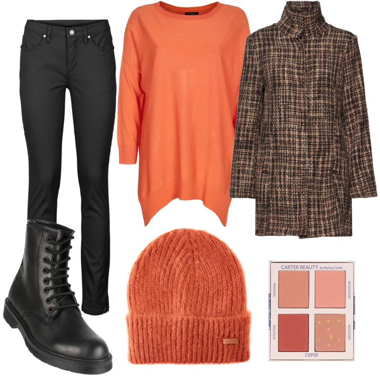 Outfit donna - Trendy #2469. Stile Trendy per Tutti i giorni. Abbinamento con jeans, cappotti, anfibi, pullovers, cappelli, blush.
