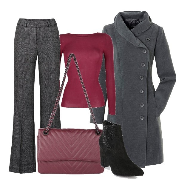 Outfit donna - L\'abbottonatura asimmetrica. Stile Casual chic per Ufficio. Abbinamento con cappotti, pantaloni a palazzo, maglieria, stivaletti, borse a spalla.