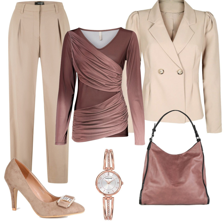 Outfit donna - Al lavoro. Stile Urban per Ufficio. Abbinamento con maglieria, pantaloni, scarpe col tacco, borse a spalla, blazer, orologi analogici.
