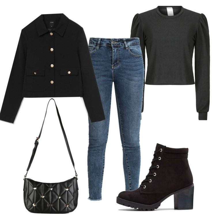 Outfit donna - Serata con amici. Stile Casual per Serata fuori. Abbinamento con stivaletti, jeans slim fit, maglieria, borse a tracolla, giacche.