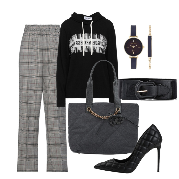 Outfit donna - Felpa mezzi tempi. Stile Casual chic per Tutti i giorni. Abbinamento con cinture, pantaloni, décolleté, borse a spalla, pullovers, orologi.