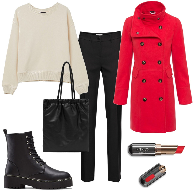 Outfit donna - Urban #1144. Stile Urban per Scuola/Università. Abbinamento con pantaloni, stivaletti, cappotti, felpe, shopping bag, rossetti.