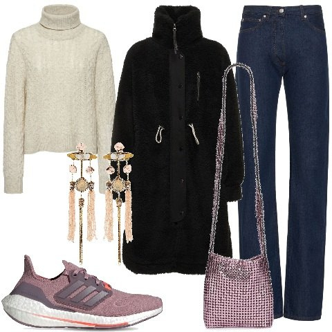 Outfit donna - Saldi Invernali LUISAVIAROMA SPECIALE. Stile Casual chic per Tutti i giorni. Abbinamento con maglieria, jeans dritti, cappotti, orecchini, borse a spalla, sneakers.