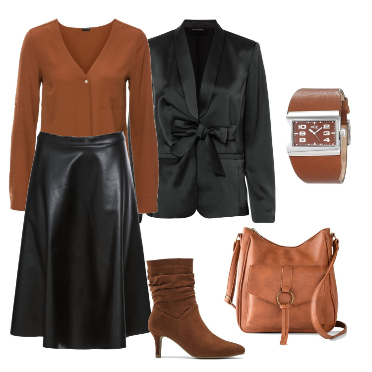 Outfit donna - La gonna effetto pelle. Stile Casual chic per Ufficio. Abbinamento con camicie, borse a tracolla, gonne, blazer, stivaletti, orologi analogici.