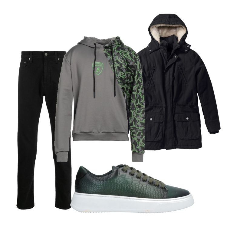 Outfit uomo - Trendy #1999. Stile Trendy per Tutti i giorni. Abbinamento con parka, sneakers, felpe con cappuccio, jeans.